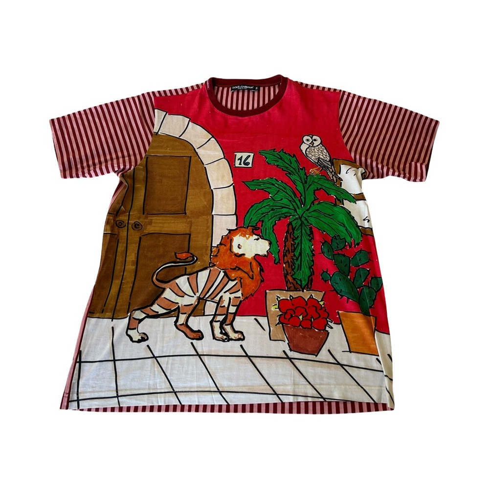Dolce & Gabbana Lion Palm Striped Cotton T-Shirt